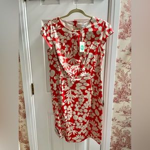 Boden Size 14 beige and red floral dress, new with button tag